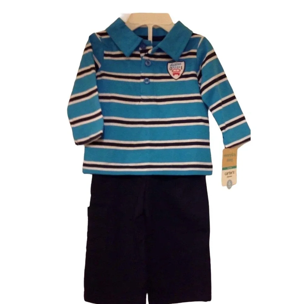 NEW Carters Blue Fireman Rescue Hero Long Sleeve Striped Shirt Pants Outfit 6M